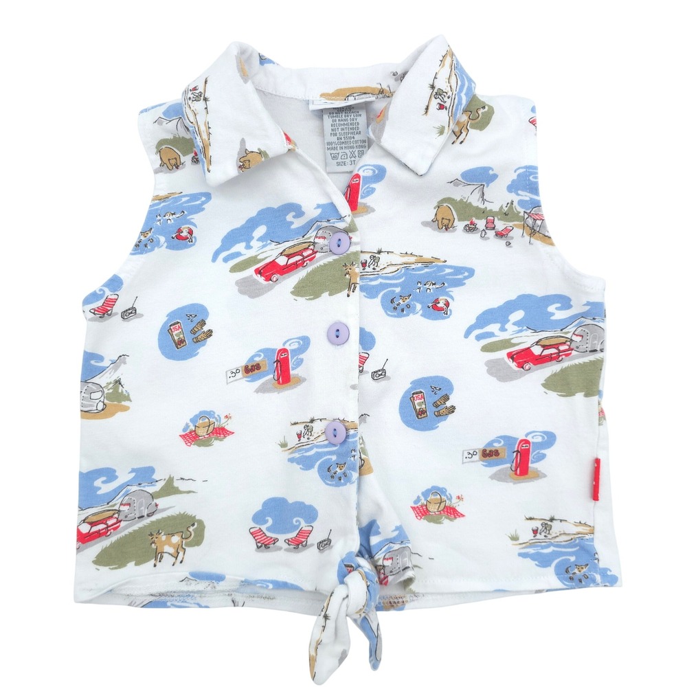 Vintage Le Top Toddler Girls Sleeveless Tie Front Top -Camping Theme 90s Size 3T